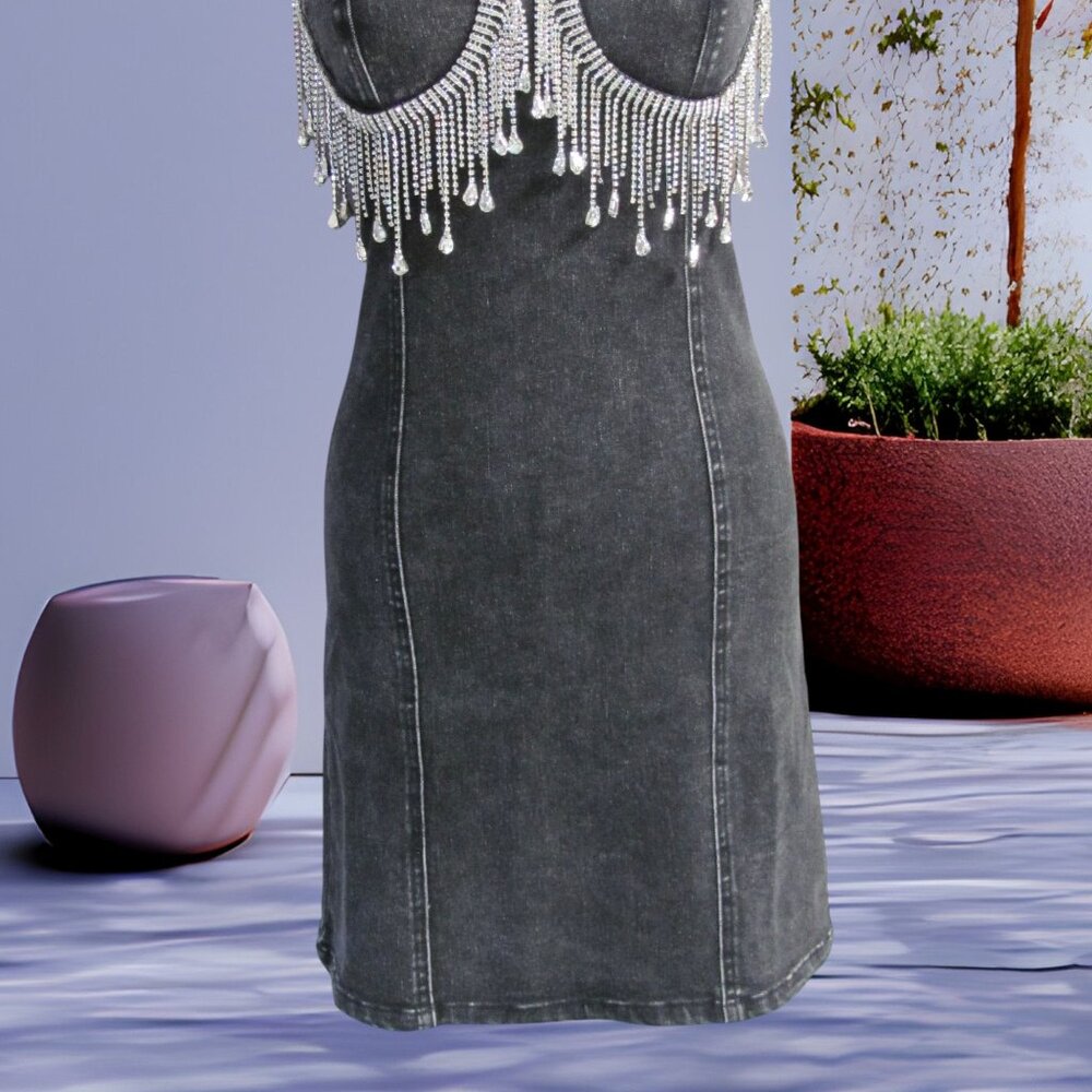 CLOUD TEN LADIES BLACK DENIM BLINGED BODY CON DRESS NWT - Picture 3 of 13